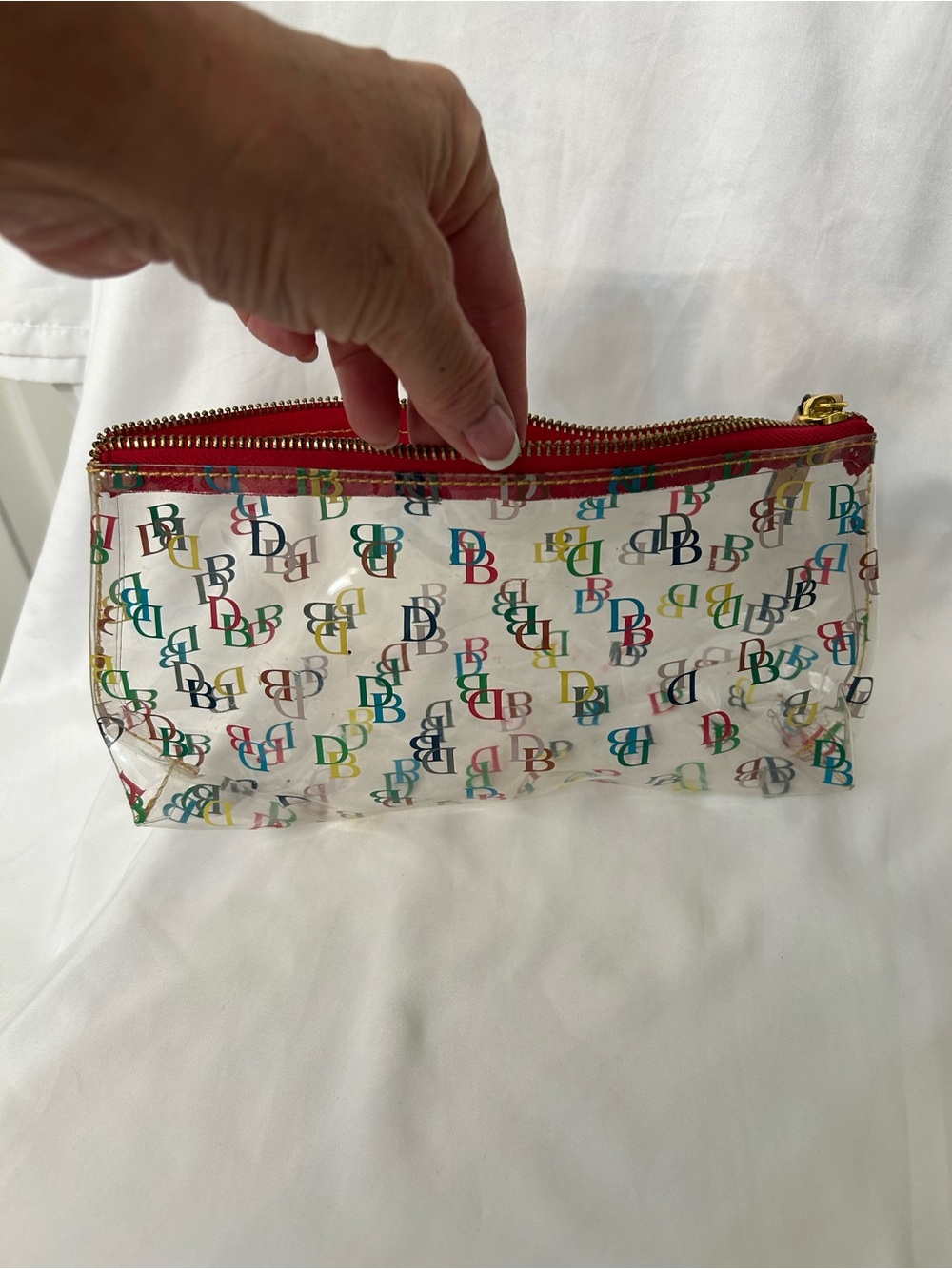 Dooney & Bourke Clear Cosmetic Pouch with Multicolor DB Print and Red Trim - Picture 4 of 7